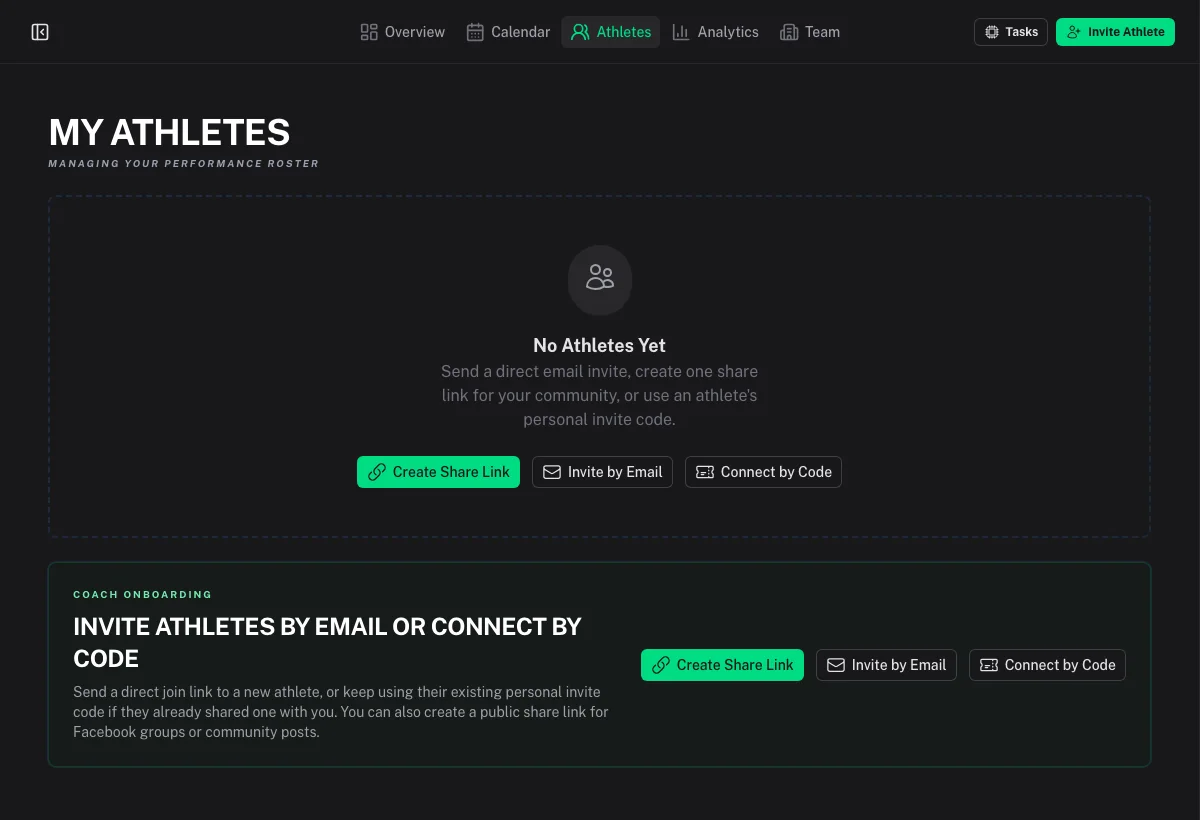 Coach Athletes view used to send invites and manage coaching connections